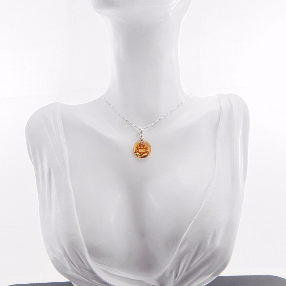 Natural Baltic Citrine Amber Laser Cut Buddha Choker Necklace in 925 Sil… - Picture 3 of 3